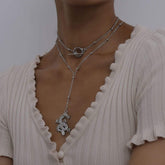 Multi-layer Gold Silver Tone Beaded Long Chain Rhinestone Inlaid Dragon Pendant Choker Necklace Set